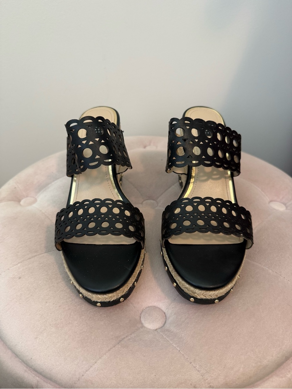 White House Black Market Black Laser-Cut Platform Slide Sandals